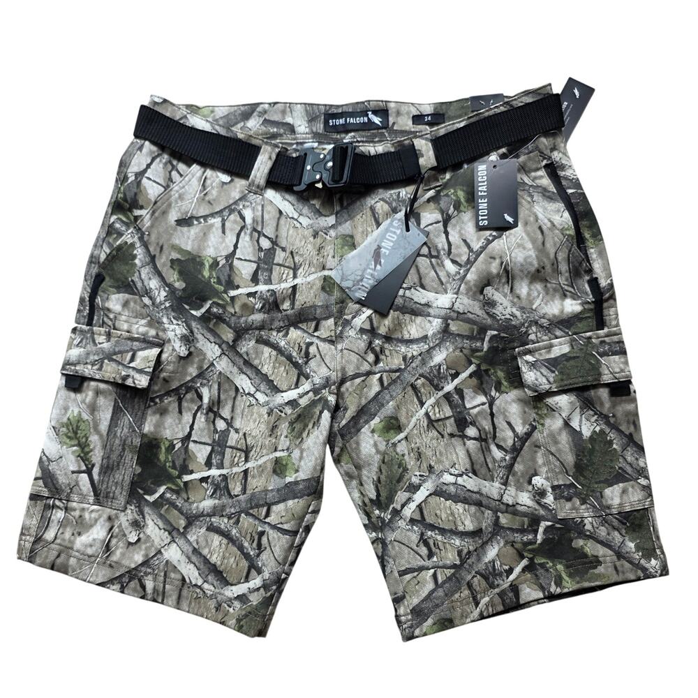 Stone Falcon Forest Camo Cargo Shorts Belt Size 34 NWT Hunting